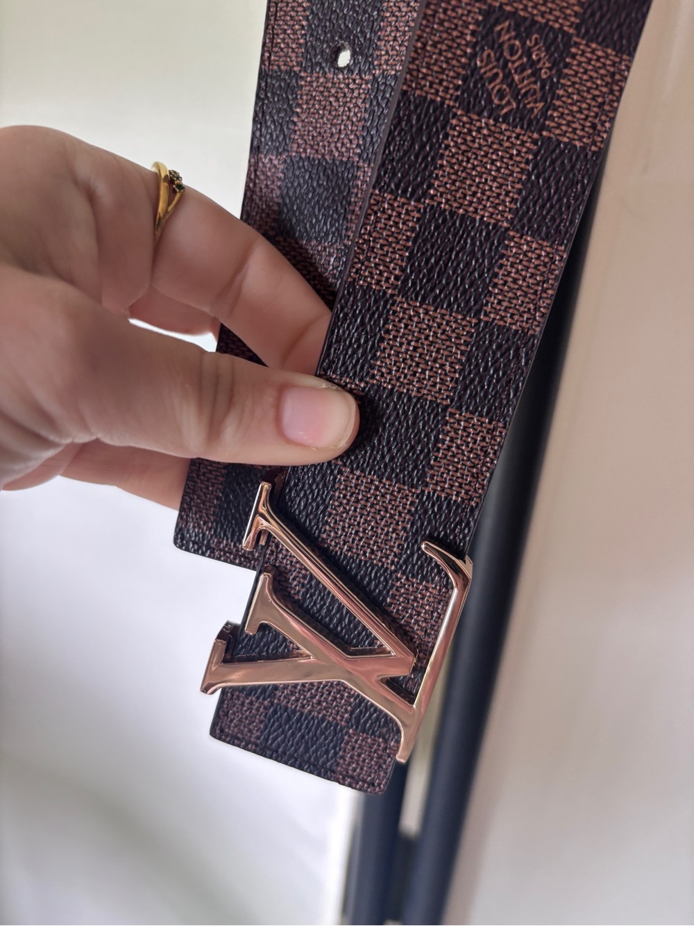 Louis Vuitton Brown Checkerboard Belt with Rose Gold LV Buckle